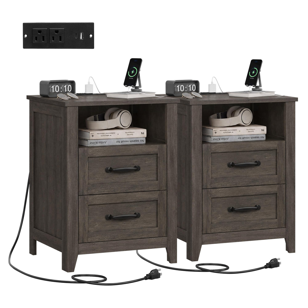 VASAGLE Set of 2 Nightstands with 2 Drawers and Charging Station
