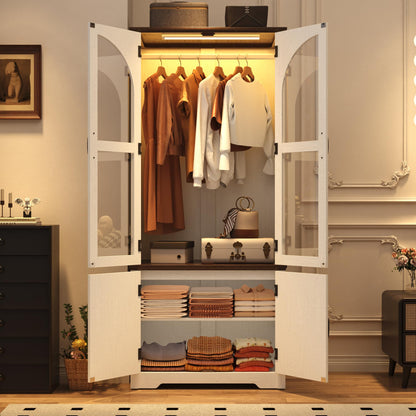 Tall Farmhouse 2 Doors Armoire Wardrobe Closet with LED ,72" Freestanding Arched Wardrobe Closet Cabinet for Bedroom w Glass Doors,Wooden Clothing Storage Cabinet,Closets for Bedroom(Black)