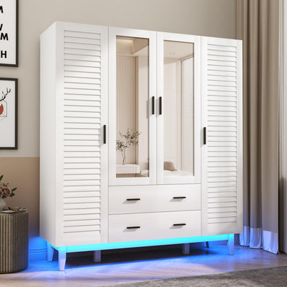 Hlivelood 3 Door Armoire Wardrobe Closet Cabinet with Drawers and LED Lights, Multi-Tier Shelves, Hanging Rod & 3 Louver Doors, Large Capacity Storage Wardrobe Armoire for Bedroom, White