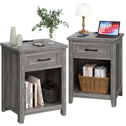 Decofy Farmhouse Nightstand Set of 2 with Charging Station, Walnut