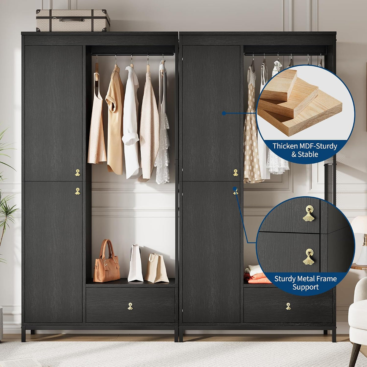 TrailBlaze Spacious Storage Solution Armoire Wardrobe Closet – Modern Wood & Metal Frame, Hanging Rod, Drawer, Large Compartment – Freestanding Bedroom Organizer for Clothes, Bedding, Luggage – Black