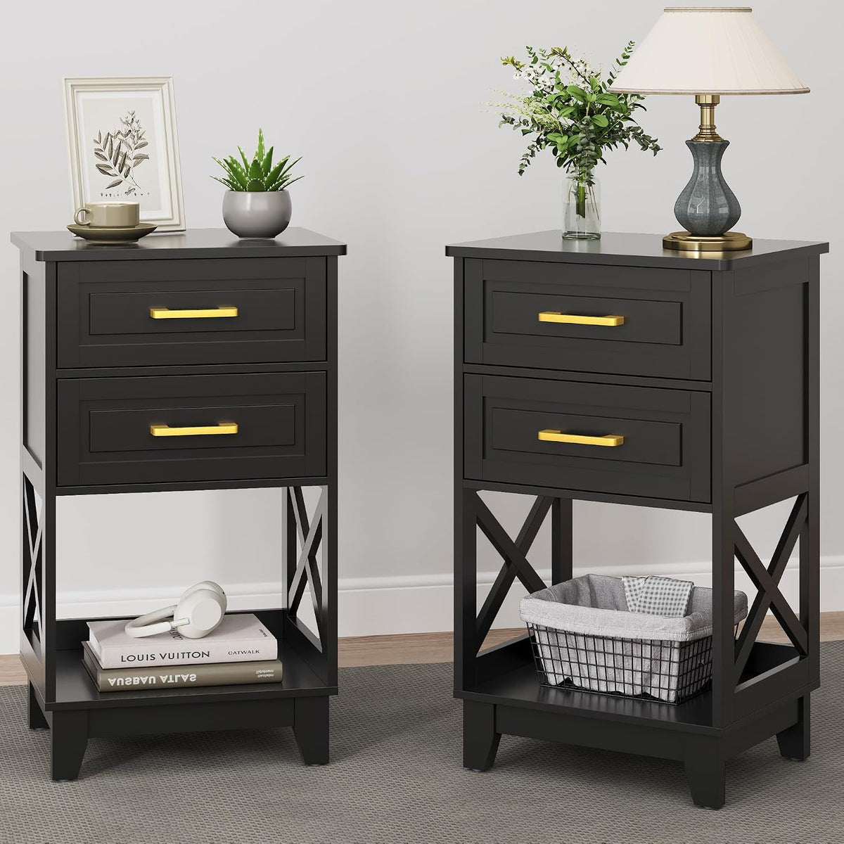 RoyalCraft 30" Tall Nightstand, Modern Painted Bedside Table with 2 Drawers and Open Shelf, Wood Side Table for Bedroom, Home Office, Black-Open Shelf Below, Set of 2