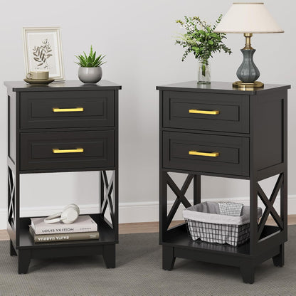 RoyalCraft 30" Tall Nightstand, Modern Painted Bedside Table with 2 Drawers and Open Shelf, Wood Side Table for Bedroom, Home Office, Black-Open Shelf Below, Set of 2