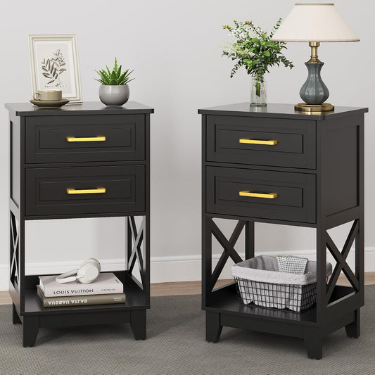 RoyalCraft 30" Tall Nightstand, Modern Painted Bedside Table with 2 Drawers and Open Shelf, Wood Side Table for Bedroom, Home Office, Black-Open Shelf Below, Set of 2