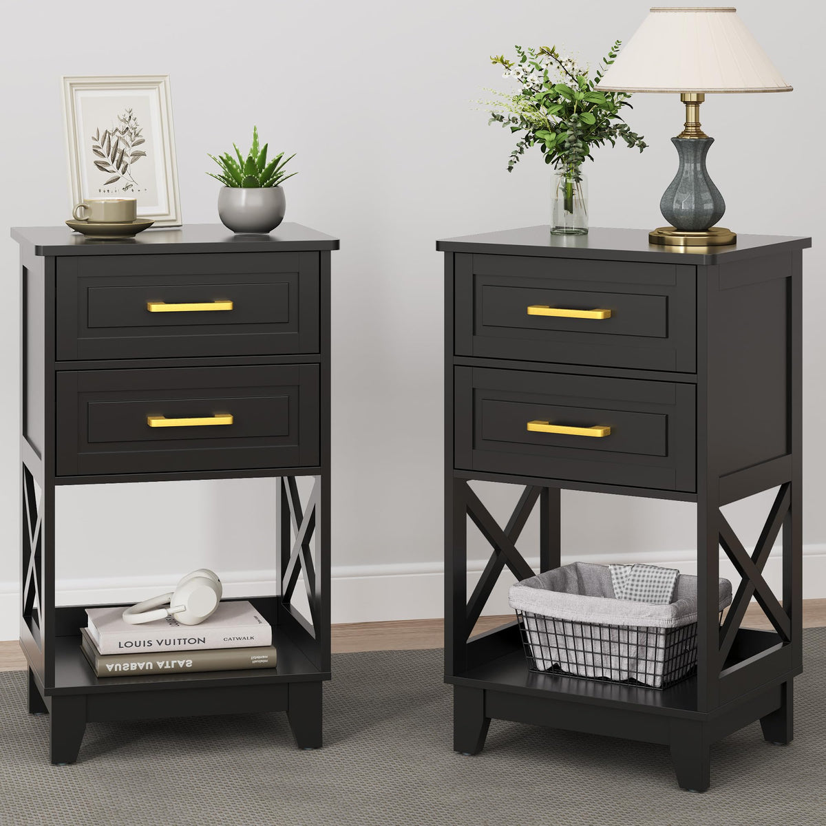 RoyalCraft 30" Tall Nightstand, Modern Painted Bedside Table with 2 Drawers and Open Shelf, Wood Side Table for Bedroom, Home Office, Black-Open Shelf Below, Set of 2