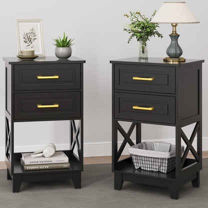RoyalCraft 30" Tall Nightstand, Modern Painted Bedside Table with 2 Drawers and Open Shelf, Wood Side Table for Bedroom, Home Office, Black-Open Shelf Below, Set of 2