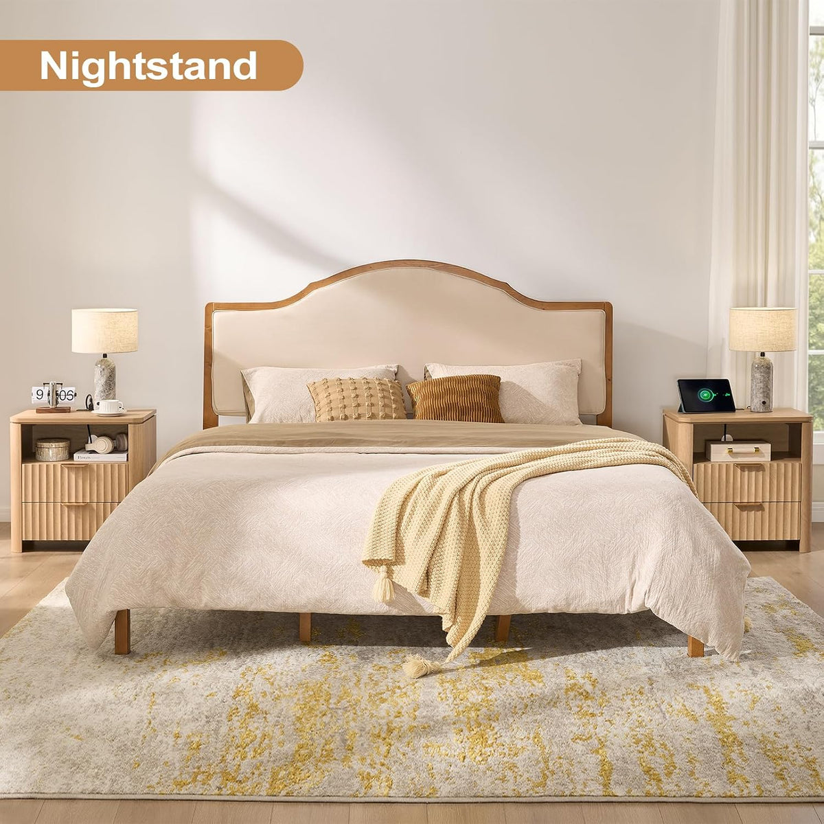 Fluted Nightstand Set of 2 with Charging Station, 23.7" Wide Modern End Table with 2 Drawers, Wooden Bedside Table for Bedroom, Curved Profile Design, Natural
