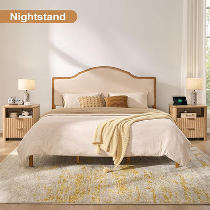 Fluted Nightstand Set of 2 with Charging Station, 23.7" Wide Modern End Table with 2 Drawers, Wooden Bedside Table for Bedroom, Curved Profile Design, Natural