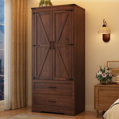 St.Mandyu Farmhouse Wardrobe Armoire Closet with 4 Doors and 2 Drawers, 70.1" Wooden Clothing Storage Cabinet, Freestanding Large Capacity Storage Wardrobe Armoire with Hanging Rod for Bedroom, Grey