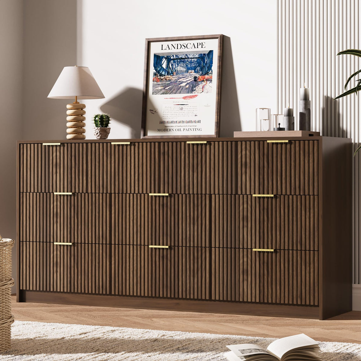 MAISONARIA 55" Wide Fluted 6-Drawer Double Dresser for Bedroom, Black