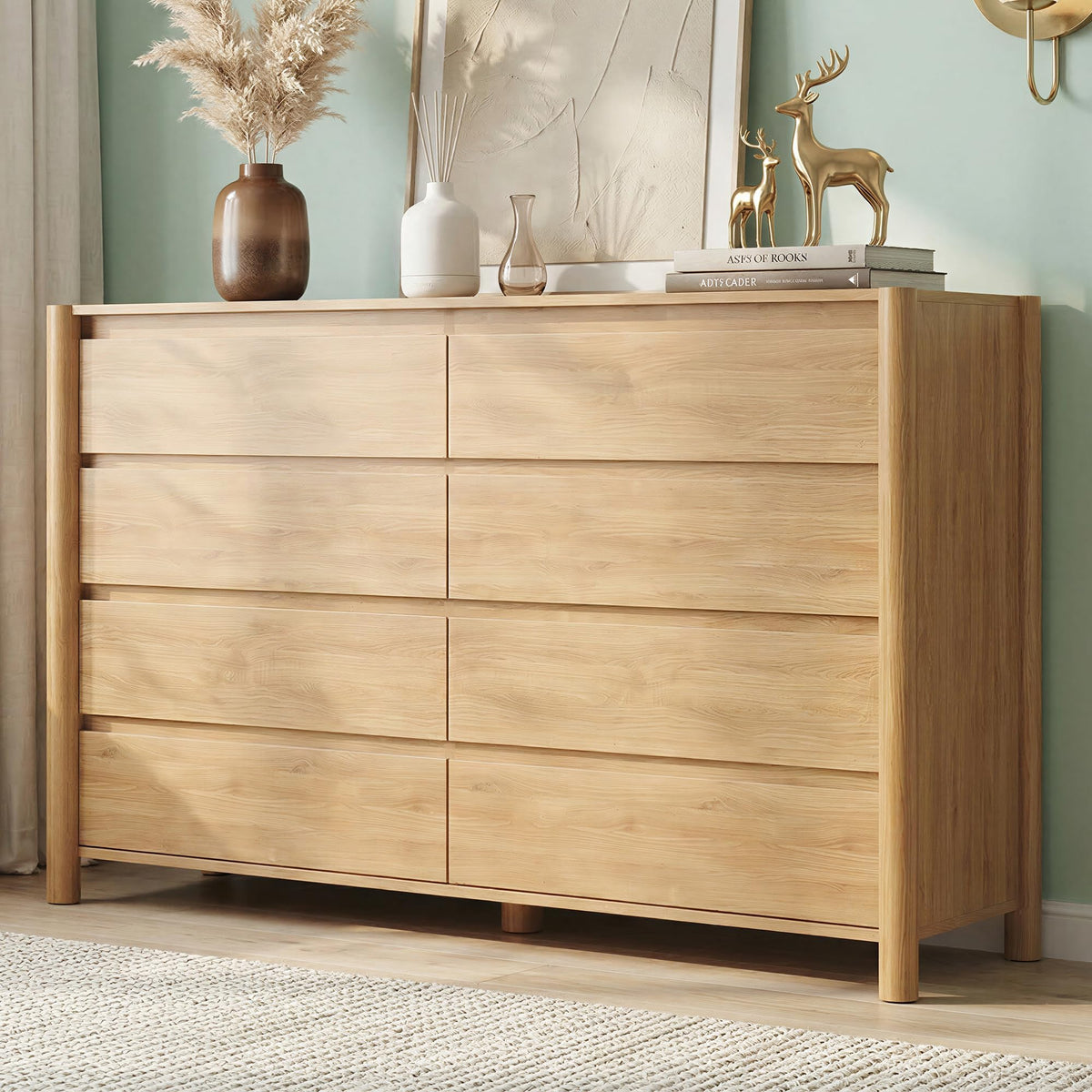 CHUWELL 63" Wide Walnut 9 Drawer Dresser for Bedroom with Solid Wood Legs