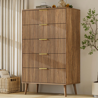 LYNSOM 55" Wide Fluted Dresser for Bedroom with 6 Drawer, Modern Chest of Drawers with Curved Profile Design and Metal Handles, Wood Dresser TV Stand & Storage Organizer for Living Room, Walnut