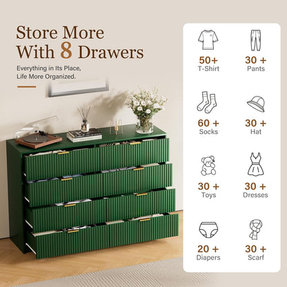 Furniway 55" Wide Green Dresser for Bedroom, Fluted 8 Drawer Dresser