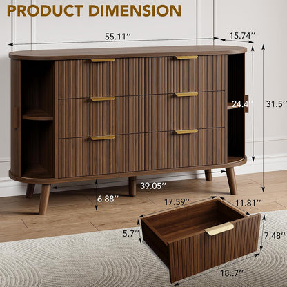 Decofy Fluted 6 Drawer Dresser, 55" Mid Century Modern Chest of Drawers