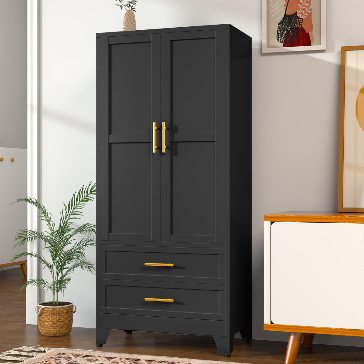 71" Metal Armoire Wardrobe Closet, Tall Clothing Storage Cabinet, Green