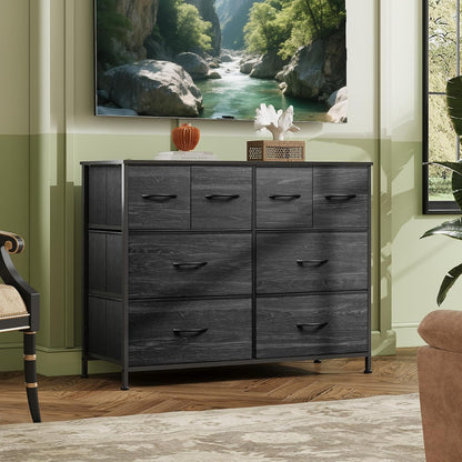 WLIVE Wide Dresser for Bedroom, 8 Drawer Chest of Drawers, Black Wood Grain
