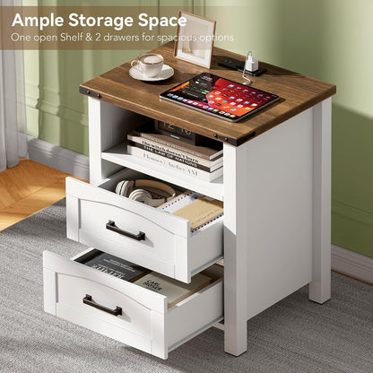 Decofy Farmhouse Nightstand Set of 2 with Charging Station, 2 Drawers