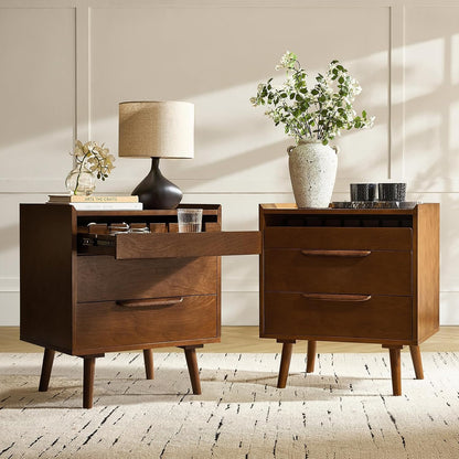 HULALA HOME 2-Drawer End Table with Charge Station, Set of 2 Walnut