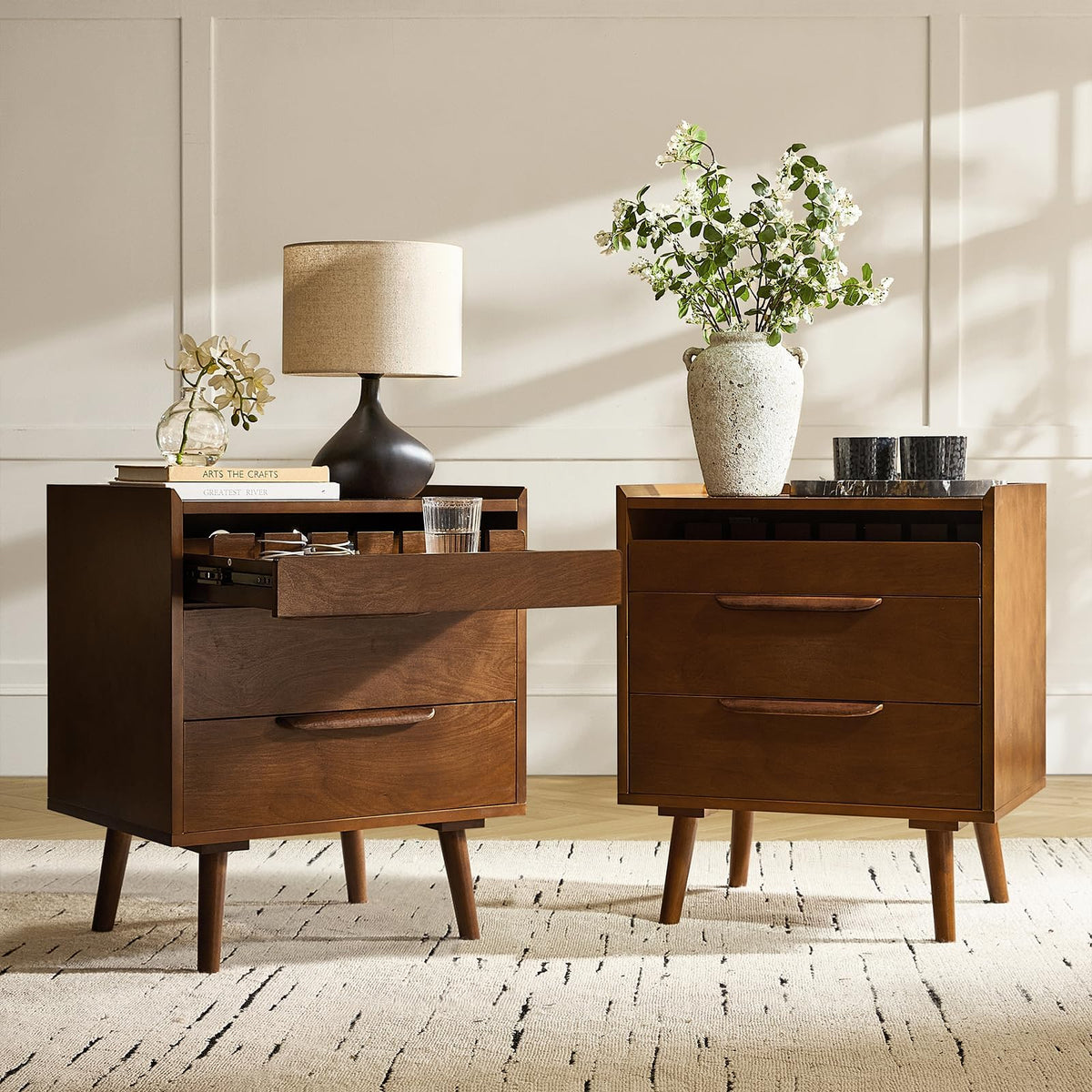HULALA HOME 2-Drawer End Table with Charge Station, Set of 2 Walnut