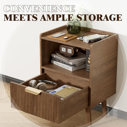 Apicizon Small Nightstand, Fluted Walnut Bedside Table with Drawer & Shelf