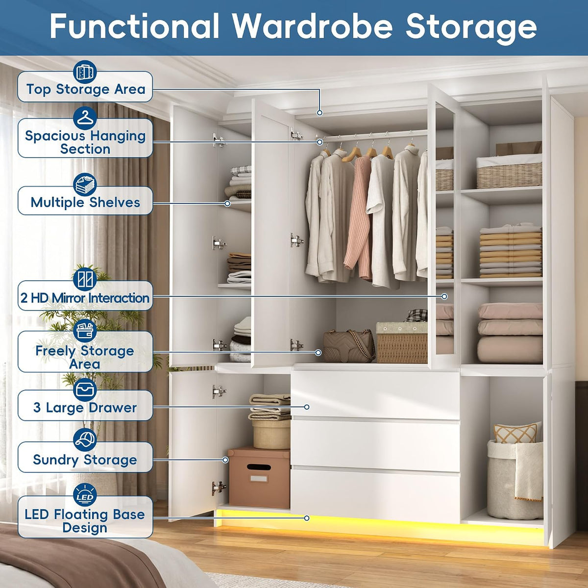 75" Tall Modern Wardrobe Closet with 2 Mirrors,LED Lights, 63"W Armoire Wardrobe Cabinet with 3 Drawers, Hanging Rod,Shelves, Freestanding Bedroom Storage Closet, Wooden Clothing Organizer, White