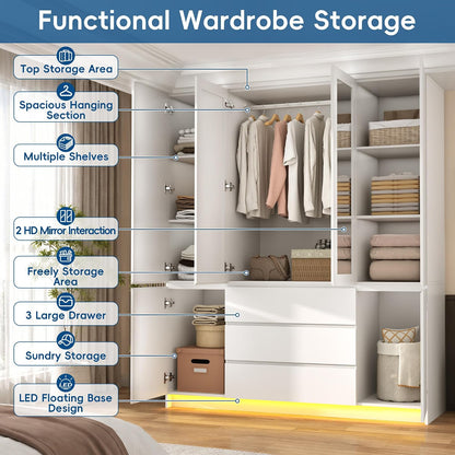 75" Tall Modern Wardrobe Closet with 2 Mirrors,LED Lights, 63"W Armoire Wardrobe Cabinet with 3 Drawers, Hanging Rod,Shelves, Freestanding Bedroom Storage Closet, Wooden Clothing Organizer, White
