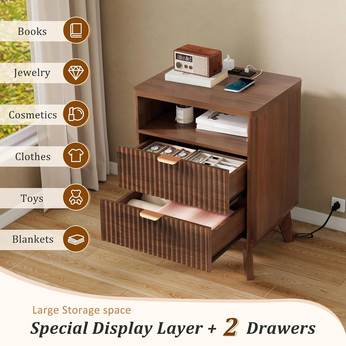 LYNCOHOME Fluted Nightstand with Charging Station, 19.7 inch Wide End Table with 2 Drawers, Modern Wood Bedside Table for Bedroom,Brown,1 Pcs
