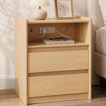 Black Nightstand with Charging Station, 24"H, 2 Drawers & Shelf