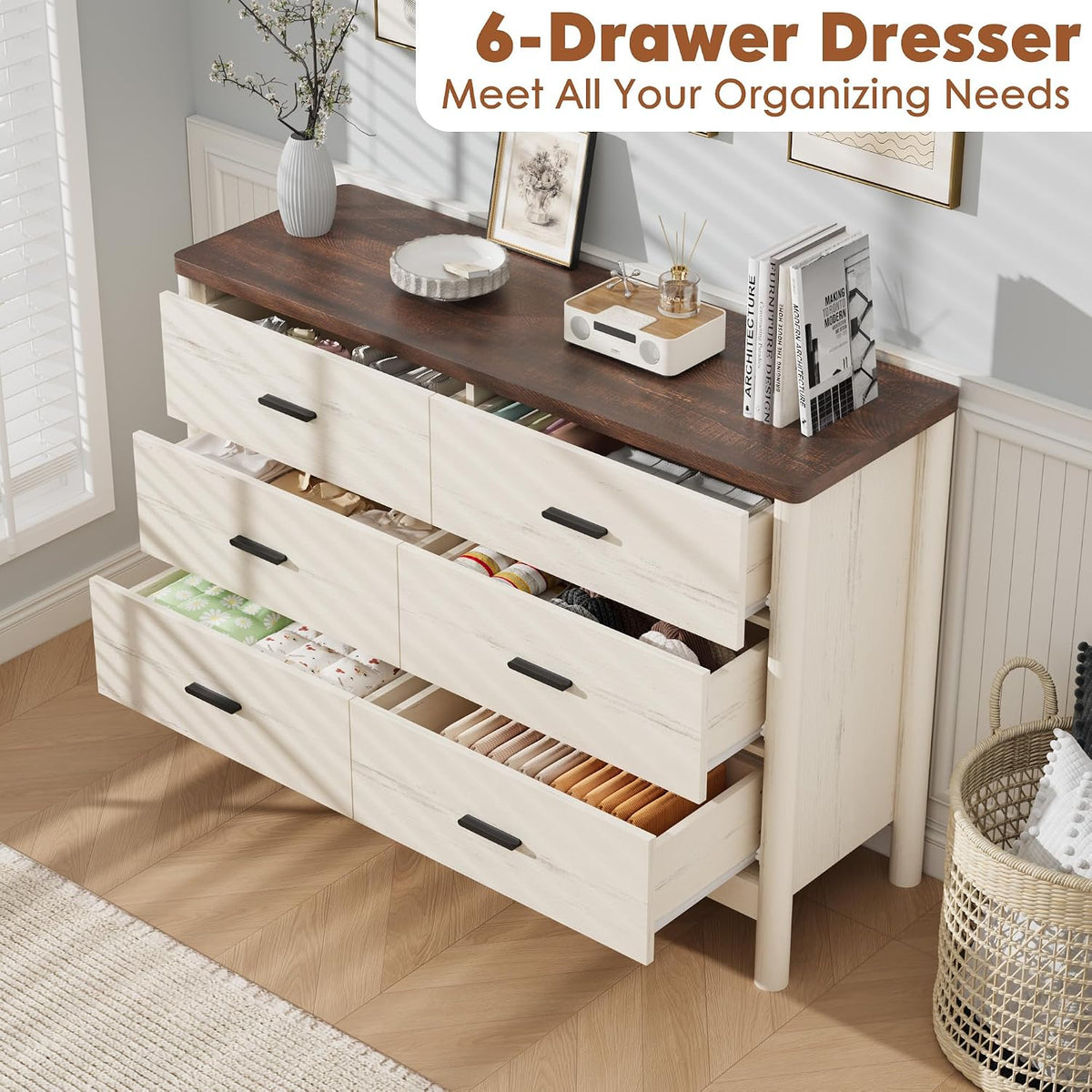 Garvee 6 Drawer Dresser, Wooden Storage Chest of Drawers, White & Brown