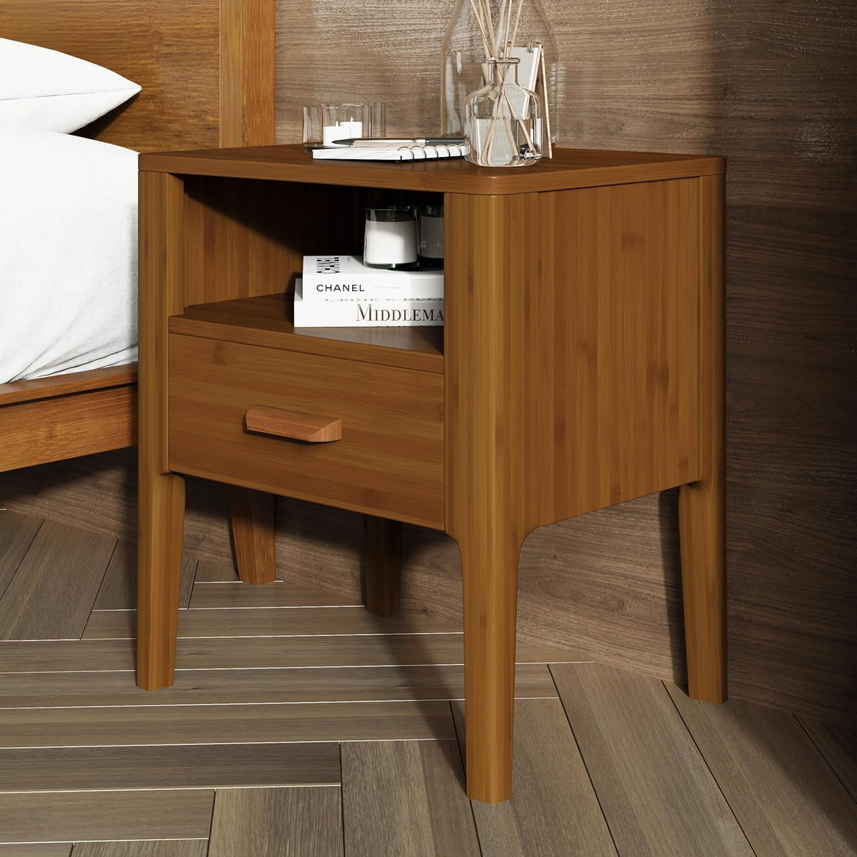 Merax Bamboo Nightstands Set of 2, Night Stands w/Drawer & Shelf, Brown