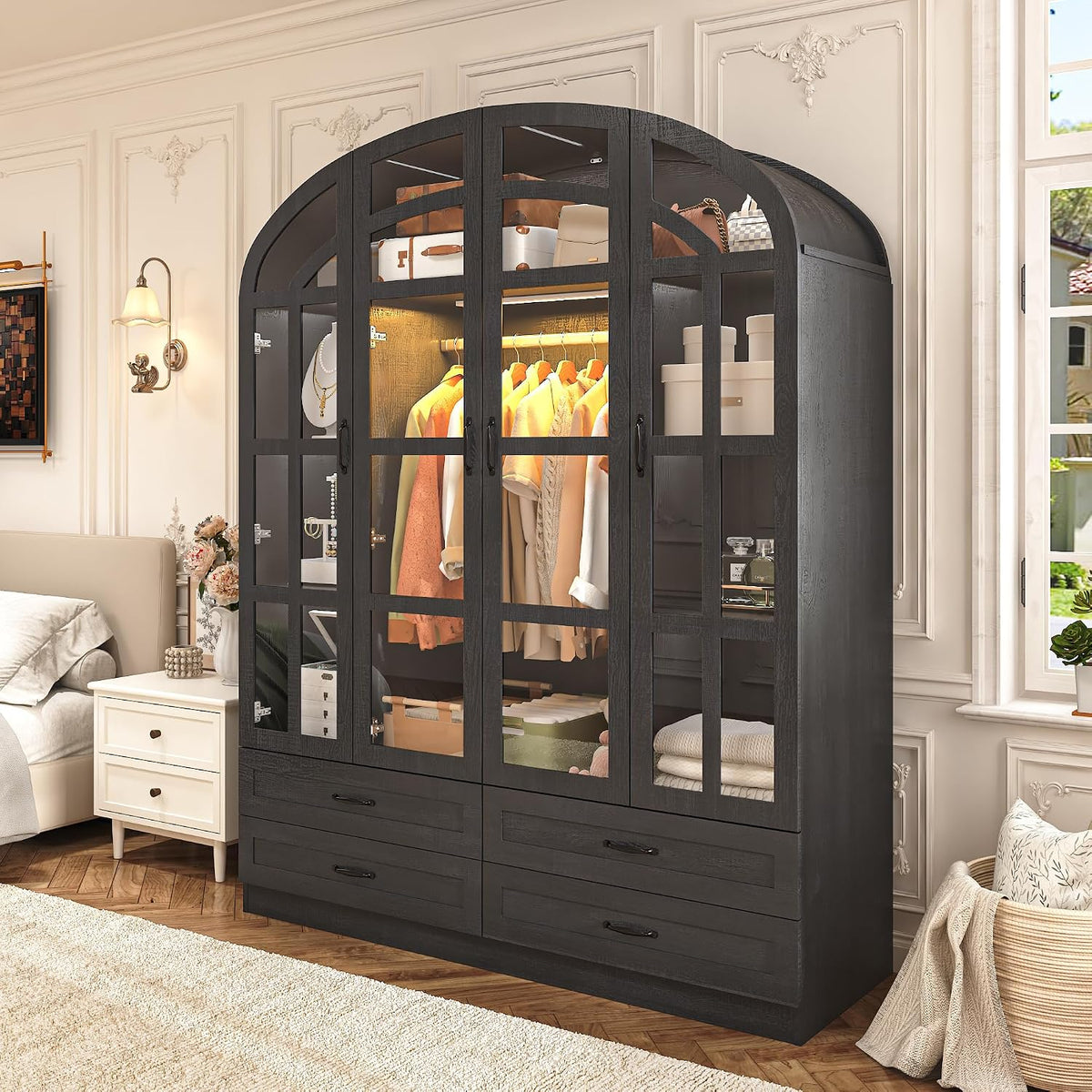 Squireewo 75" Arched Armoire Wardrobe Closet with Motion Sensor LED Light, 4 Windowpane Glass Doors and 4 Drawers, Large Wood Bedroom Storage Cabinet, Clothing Organizer with Anti-Tip Kit, Black