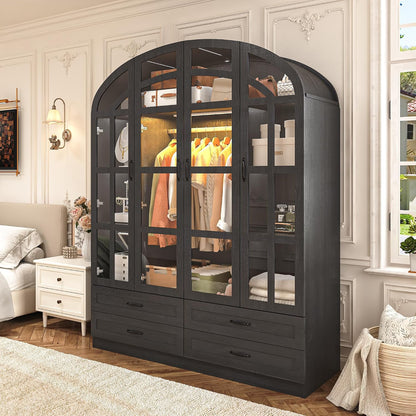 Squireewo 75" Arched Armoire Wardrobe Closet with Motion Sensor LED Light, 4 Windowpane Glass Doors and 4 Drawers, Large Wood Bedroom Storage Cabinet, Clothing Organizer with Anti-Tip Kit, Black