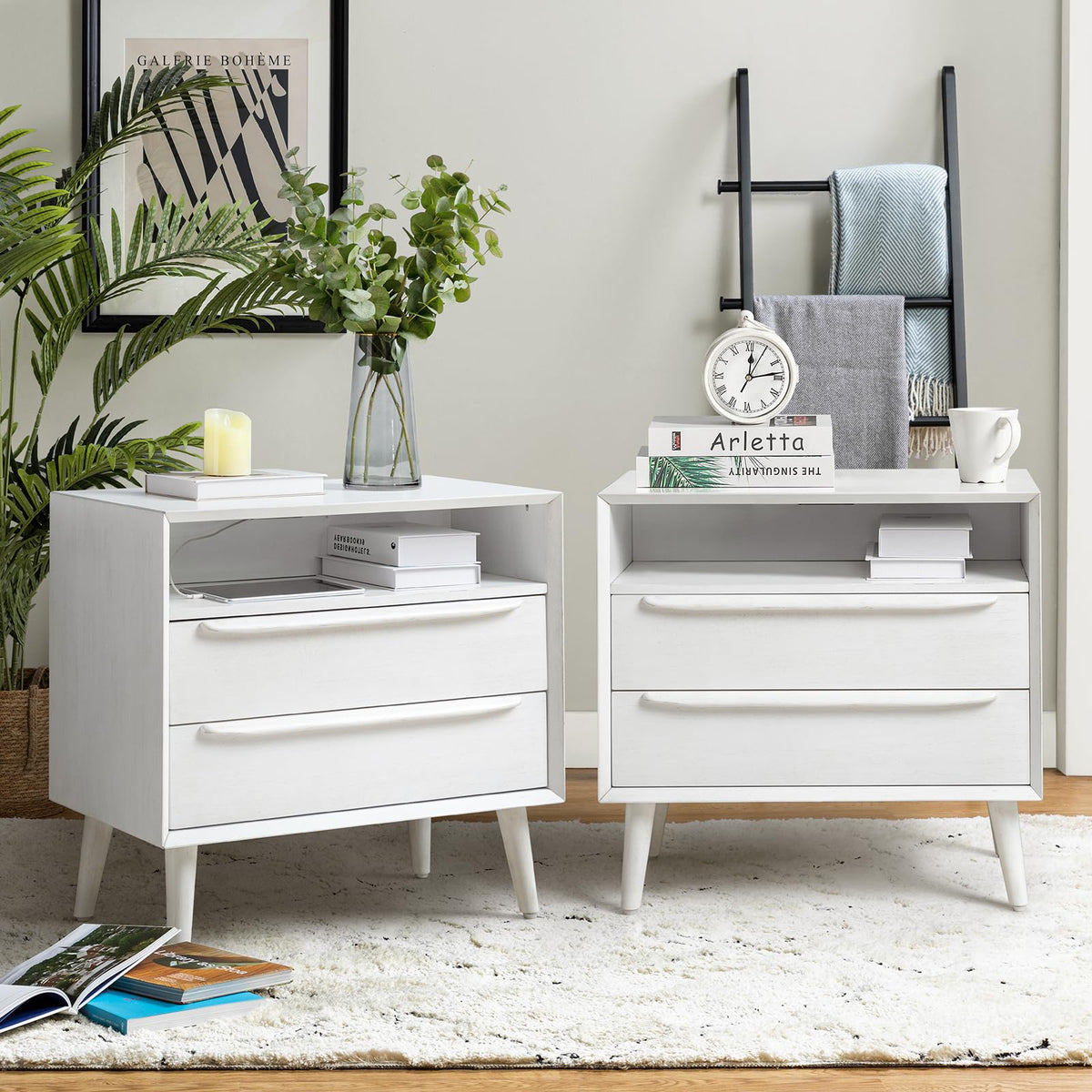 HULALA HOME End Table with Charging Station, 2 Drawers, Set of 2, Acorn