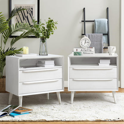 HULALA HOME End Table with Charging Station, 2 Drawers, Set of 2, Acorn