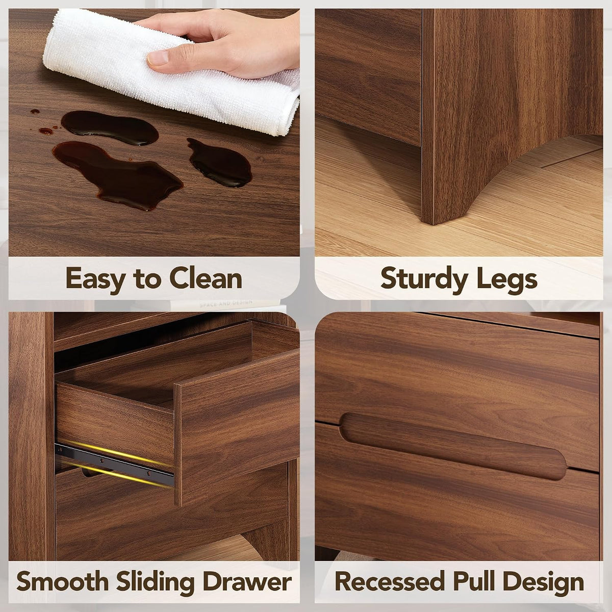 Decofy Nightstand Set of 2 with Charging Station & 2 Hidden Drawers, Walnut