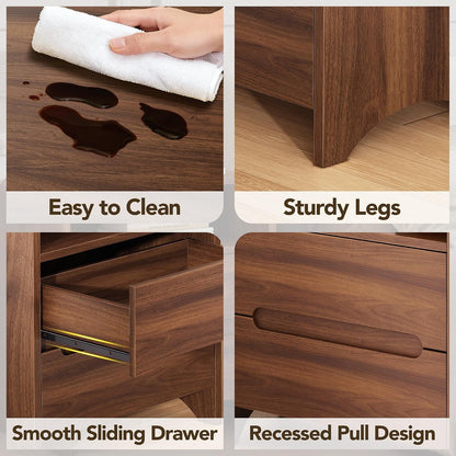 Decofy Nightstand Set of 2 with Charging Station & 2 Hidden Drawers, Walnut
