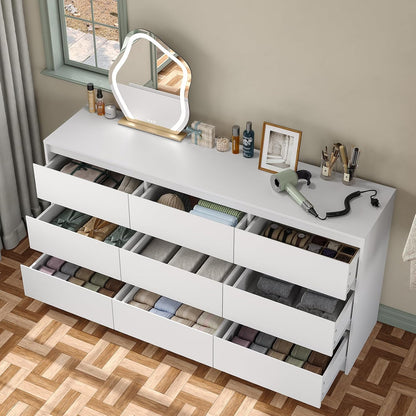 Furniouse Modern 9 Large Storage Drawers Dresser for Clothes Organizer, White Modern Chest of Drawers for Closet, 60" Long Drawer Organizer Cabinet for Bedroom,Living Room,Entryway,Hallway