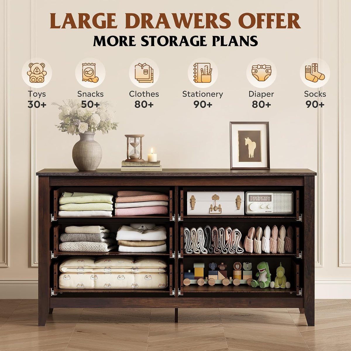 WLIVE 54" Dresser for Bedroom, Wooden 6 Drawer Dresser with Unique Anti-Tip Structure, Modern Chest of Drawers with Metal Handles for Living Room, Hallway, Closet, Home Furniture, Rustic Brown