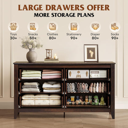 WLIVE 54" Dresser for Bedroom, Wooden 6 Drawer Dresser with Unique Anti-Tip Structure, Modern Chest of Drawers with Metal Handles for Living Room, Hallway, Closet, Home Furniture, Rustic Brown