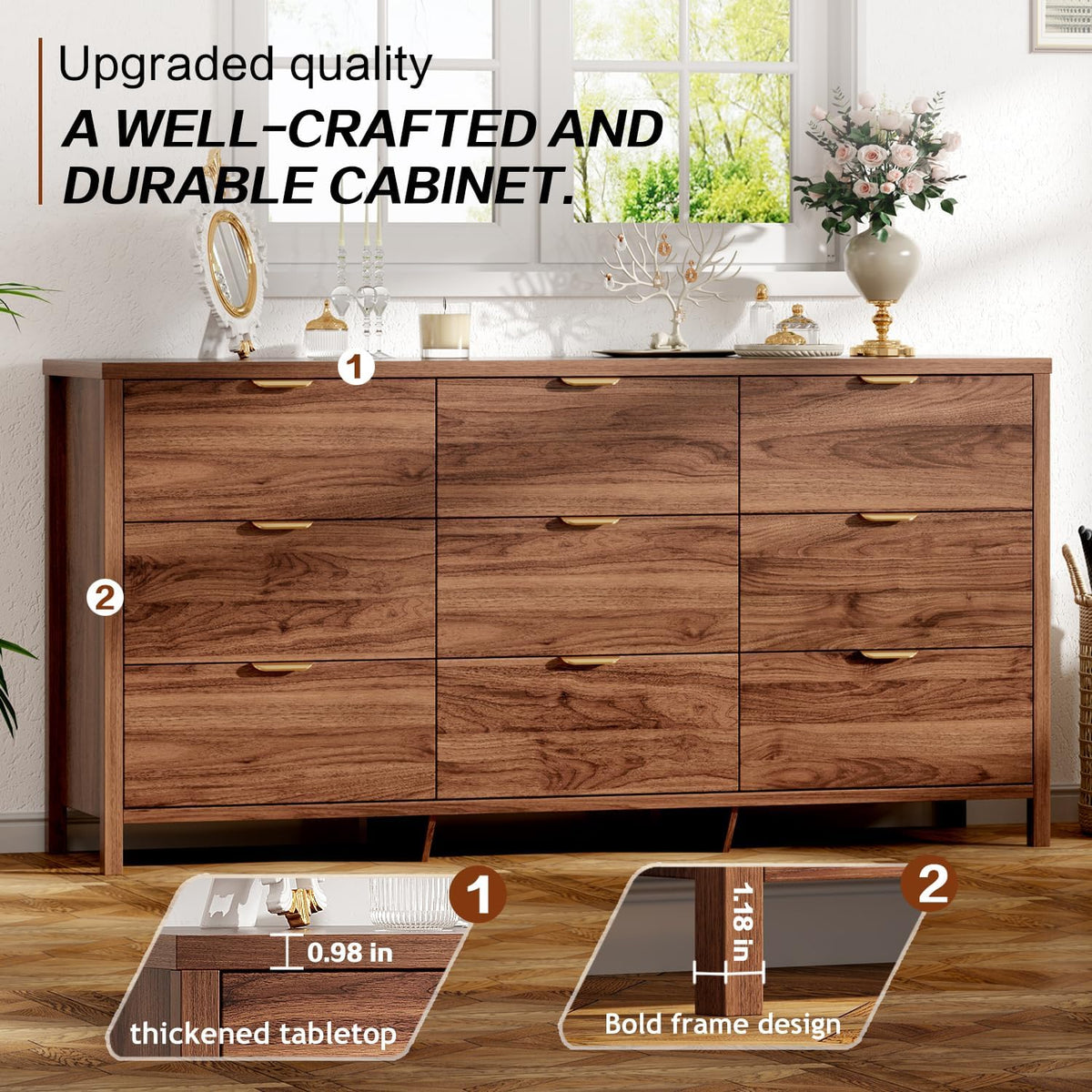 Ieejdn Dresser for Bedroom with 9 Drawers, 63" Modern Chest of Drawers, Dresser TV Stand, Wood Drawer Organizer for Living Room, Hallway, Tan