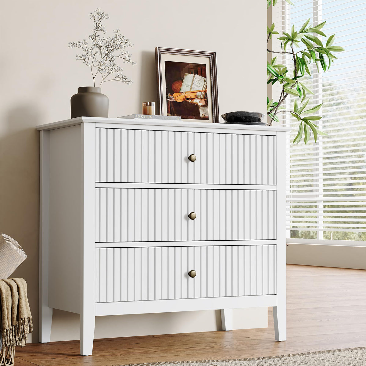 RoyalCraft 32" Large Nightstand Set of 2, Fluted Painted Bedside Table with 3 Spacious Drawers, Modern Tall End Table for Bedroom, Beige