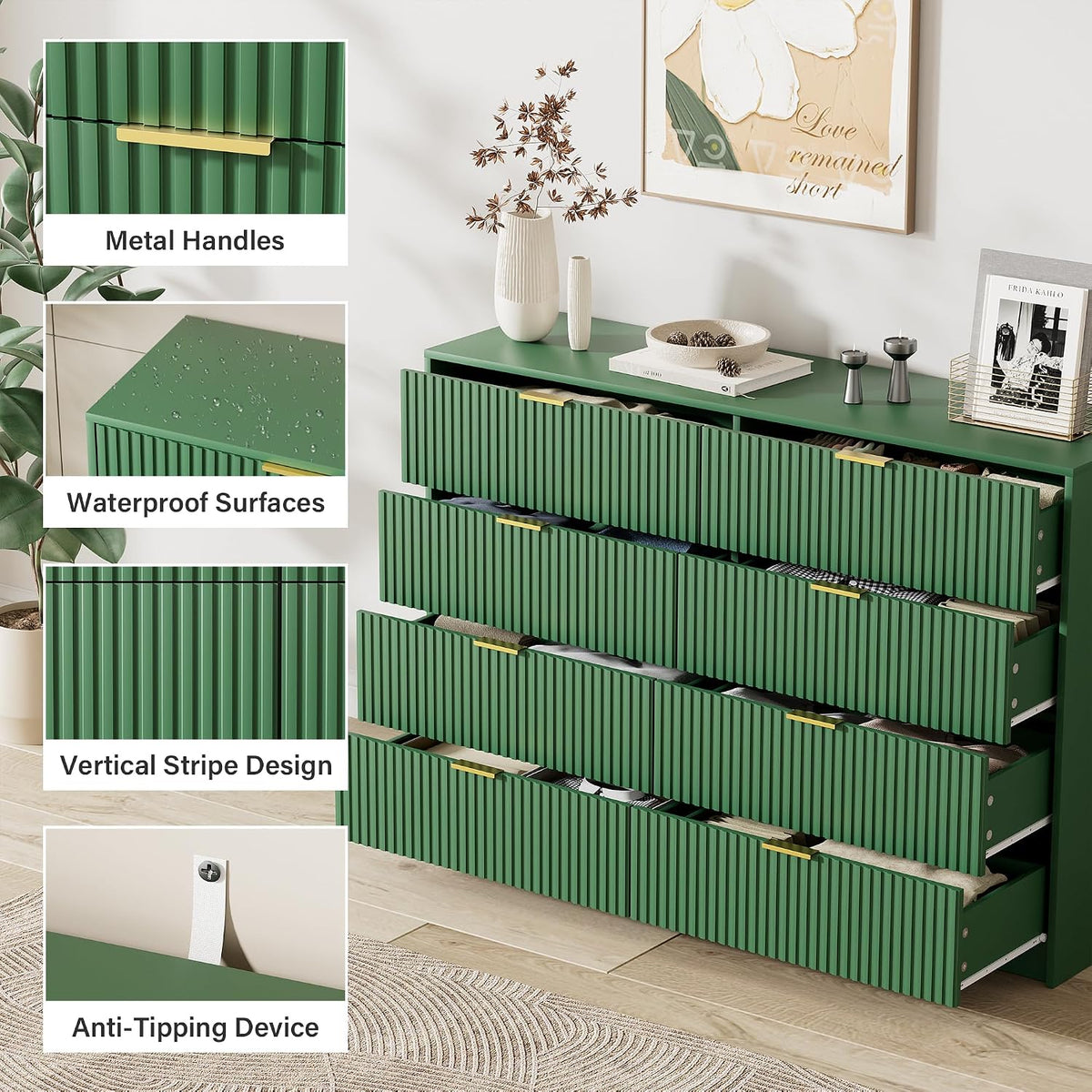 Furniway 55" Wide Green Dresser for Bedroom, Fluted 8 Drawer Dresser