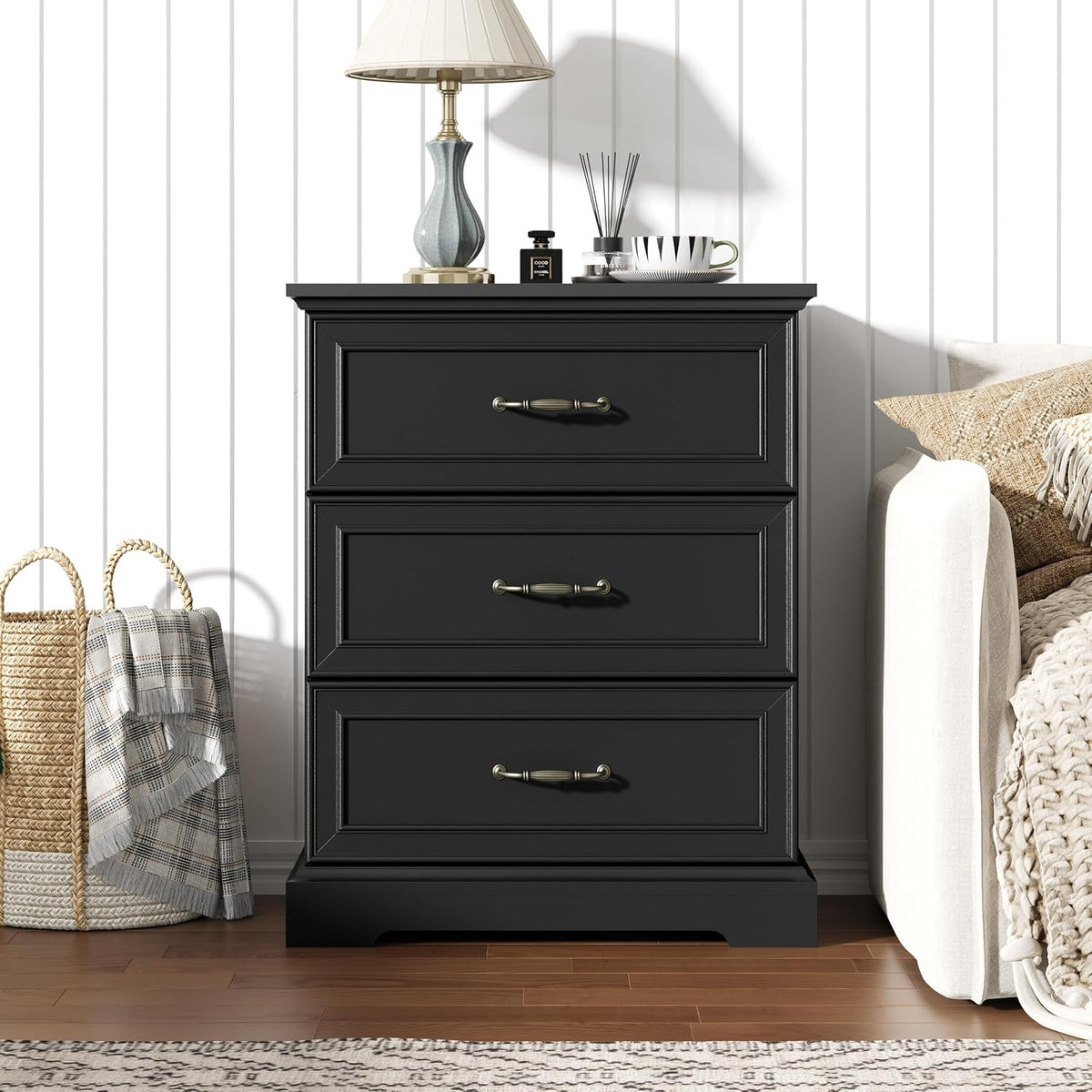Black Nightstand Set of 2,24" Wide End Table with 3 Large Drawers & Metal Handles,Rustic Farmhouse Wood Small Dresser,Bedside Table,Modern Chest of Drawers for Bedroom,Living Room