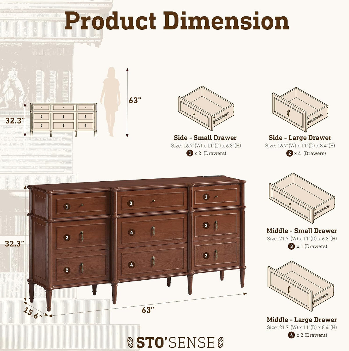 STO'SENSE 63" 9-Drawer Dresser with Power Outlet, Architectural Wood Storage Chest with Framed Drawers, Vintage Metal Pulls and Solid Wood Tapered Legs, Long Bedroom Dresser TV Stand,Brown