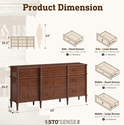 STO'SENSE 63" 9-Drawer Dresser with Power Outlet, Architectural Wood Storage Chest with Framed Drawers, Vintage Metal Pulls and Solid Wood Tapered Legs, Long Bedroom Dresser TV Stand,Brown