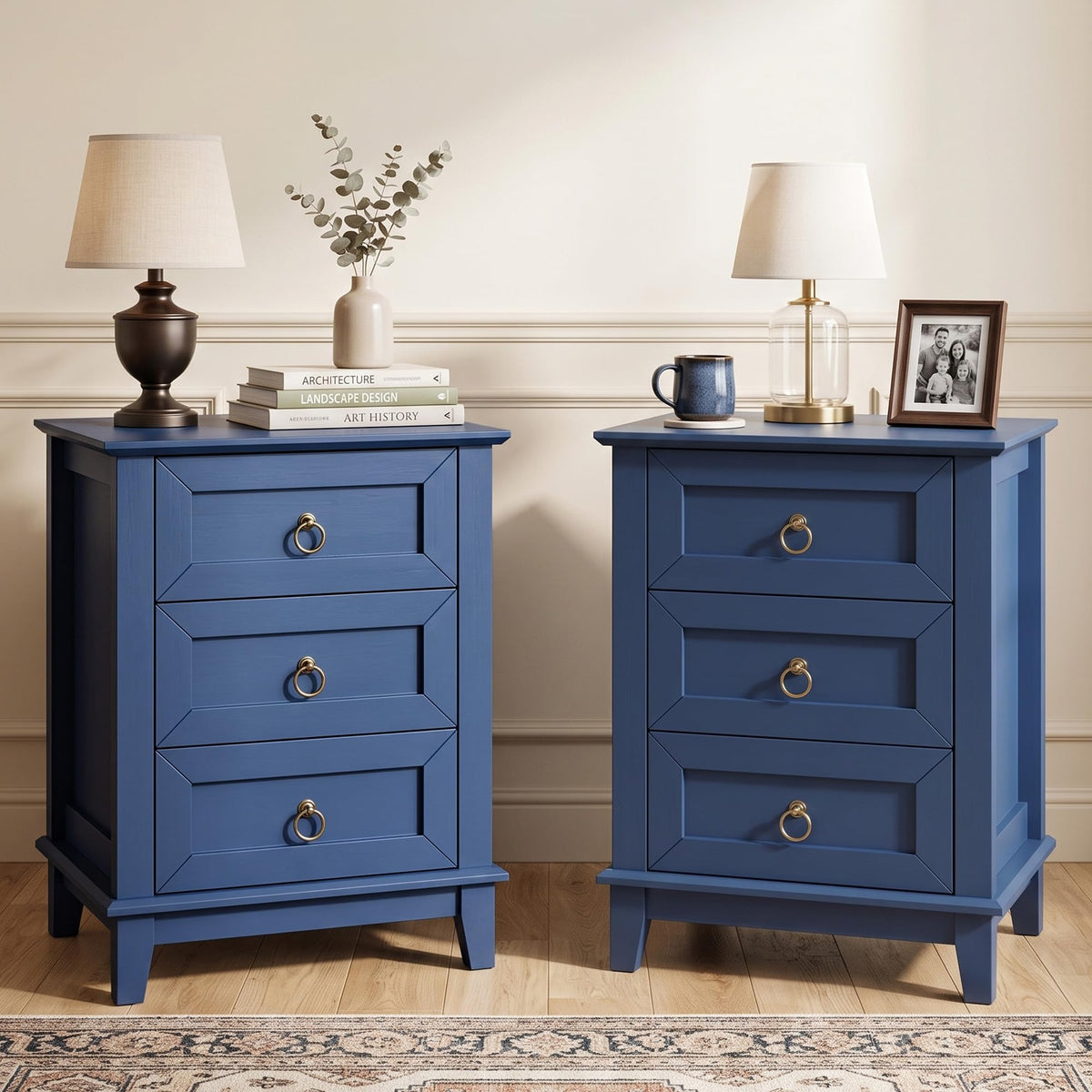 RoyalCraft Farmhouse Tall Nightstand Set of 2, Painted Wooden Bedside End Table with 3 Storage Drawers, Rustic Side Table for Bedroom, Light Green