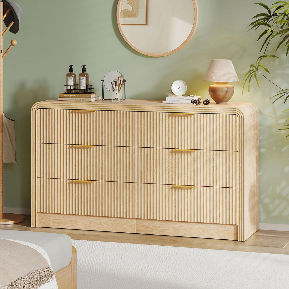 Decofy 55" W Fluted 7-Drawer Dresser for Bedroom, Walnut