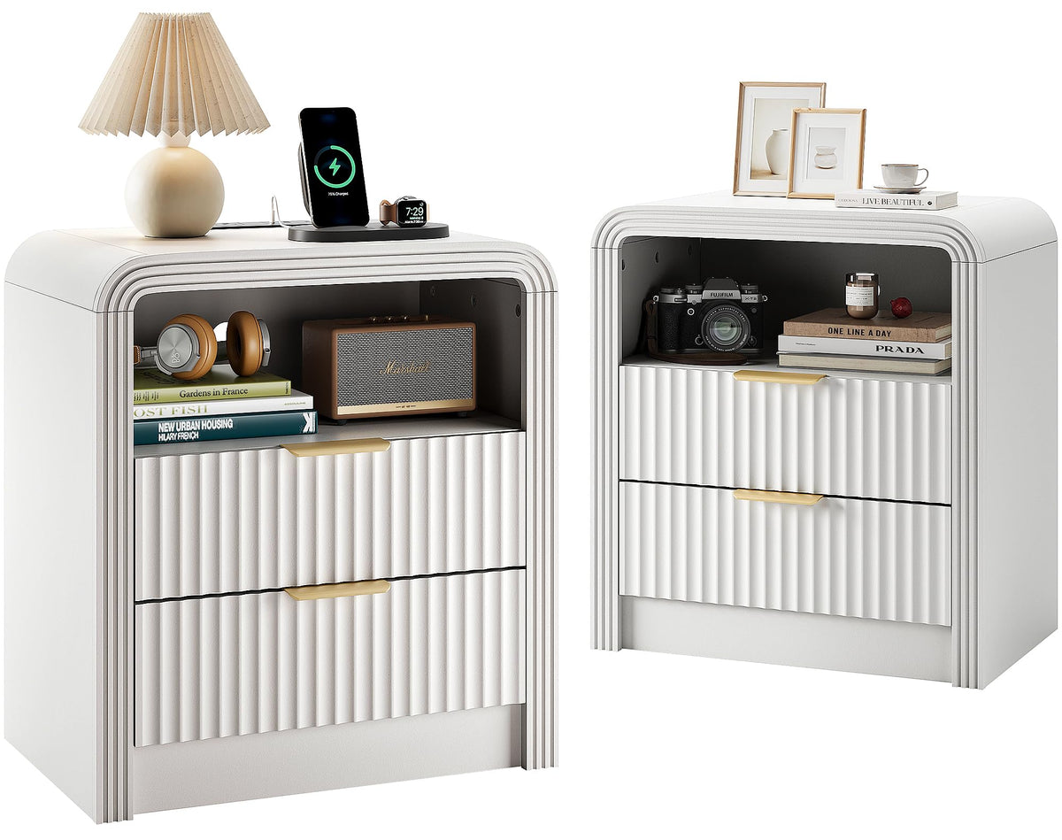 Decofy Fluted Nightstand Set of 2 with Charging Station, 2 Drawers, Walnut