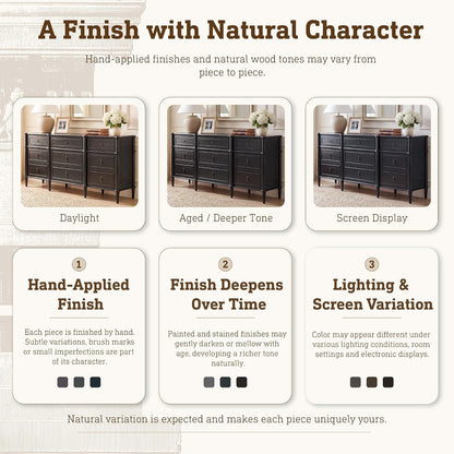 STO'SENSE 63" 9-Drawer Dresser with Power Outlet, Architectural Wood Storage Chest with Framed Drawers, Vintage Metal Pulls and Solid Wood Tapered Legs, Long Bedroom Dresser TV Stand,Black