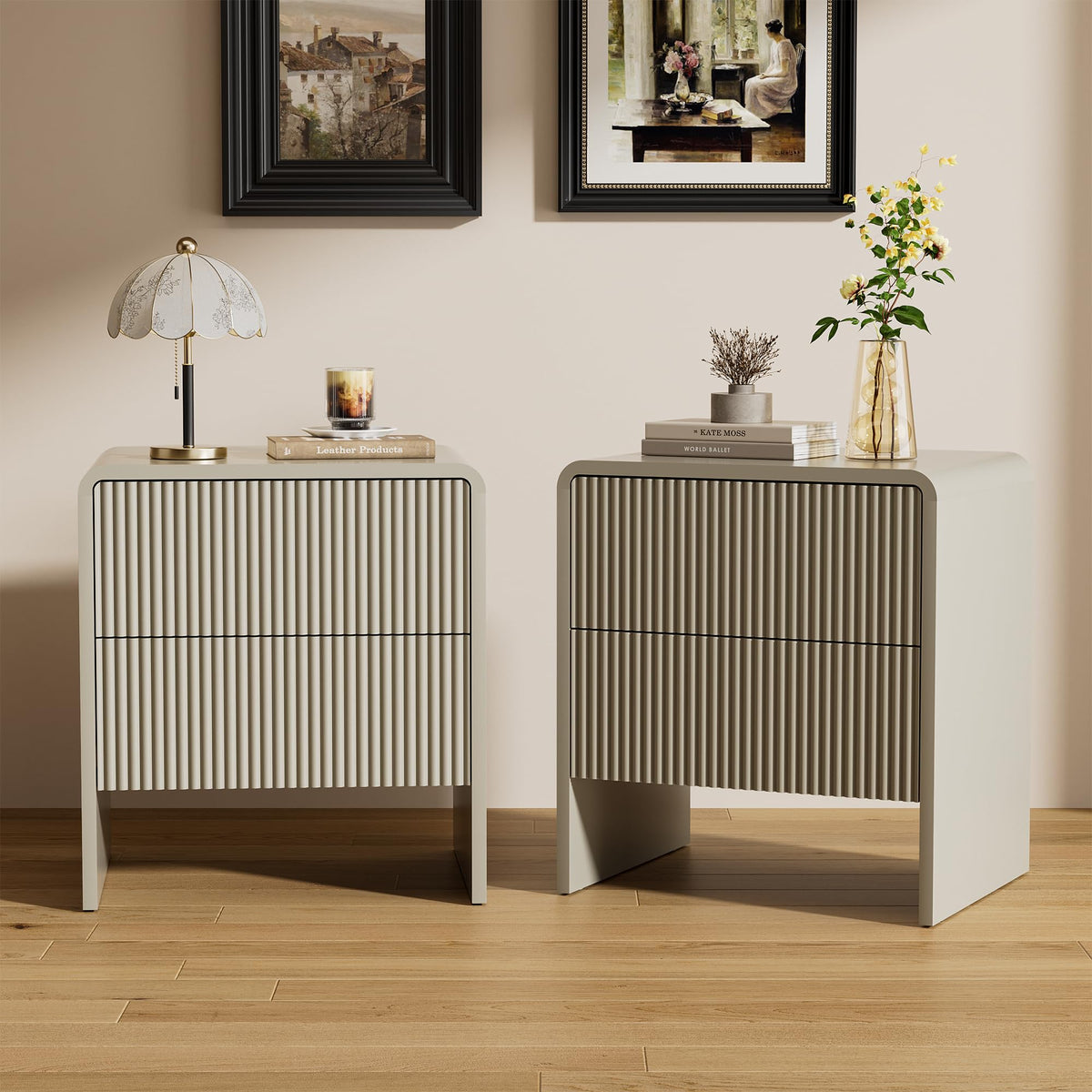 Furniway Set of 2 Modern Curved Nightstand with 2 Drawers, Push-to-Open Wooden Bedside Table, Minimalist End Table for Bedroom, Black